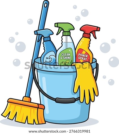 Colorful cleaning tools in a bucket including broom mop sprays and gloves
