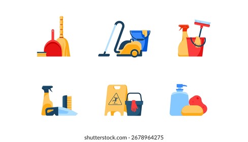 Colorida colección de herramientas de limpieza con aspiradora y suministros de limpieza en estilo plano