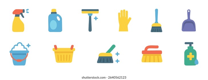Colorful cleaning tools and supplies set including spray bottle, mop, gloves, brush and other, isolated on white background. concept of household chores, cleanliness, home maintenance, icon collection