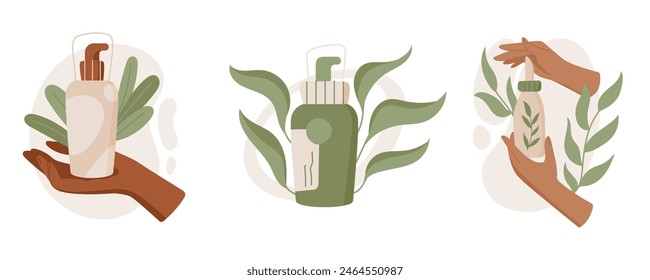 Colorful cleansing beauty oil tube in hand, cartoon minimal makeup product pack, trendy organic skincare cream jar, flat moisturizing cosmetic shampoo bottle, vector illustration.