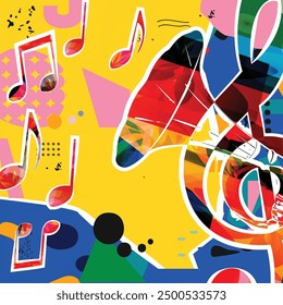 Colorful clef with gramophone horn isolated vector illustration design. Music background. Retro phonograph horn with music notes, music festival poster, concert events, party flyer