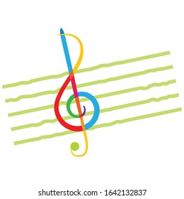 Colorful clef on the staff, vector design