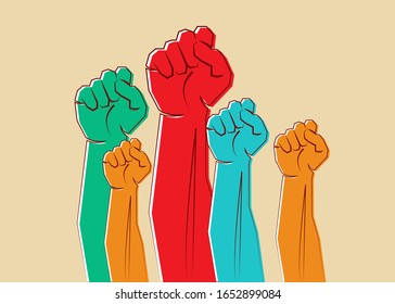 colorful clenched fists hands raised in the air. Protest, strength, freedom, revolution, rebel, revolt concept design vector illustration isolated on beige background