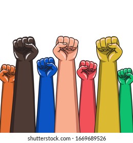 Colorful clenched fists hands raised. concept design vector illustration on white background.