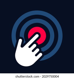Colorful click vector logo icon with concentric circles, the finger points to the center of the target - Sensitive red point, can illustrating the pain.