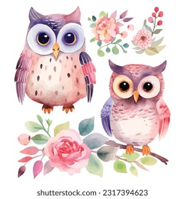 Colorful clip art watercolor, Cute Owl Couple Flowers