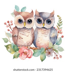 Colorful clip art watercolor, Cute Owl Couple Flowers