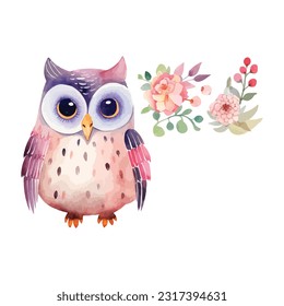 Colorful clip art watercolor, Cute Owl Couple Flowers