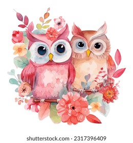 Colorful clip art watercolor, Cute Owl Couple Flowers