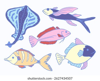 Colorful clipart collection with hand-drawn diverse marine fish in soft pastel tones isolated on light background for packaging, beach party invitations, coastal decor, seafood branding, etc.