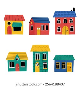 Colorful clipart set of  buildings. Hand-drawn houses with cute details. Vector urban building icons set. Sweet home. Isolated on white background.