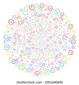 Colorful Clock carnival globula. Vector spheric cluster explosion organized from scattered clock objects. Multi Colored Vector illustration.