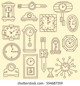 Colorful clock collection doodles with wall clock wrist clock and other interior clock