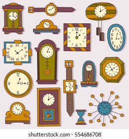 Colorful clock doodles vector set isolated easy to recolor and use