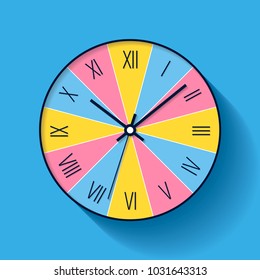 Colorful Clock icon in flat style with Roman numerals. Minimalistic timer on color background. Business watch. Vector design element for you project