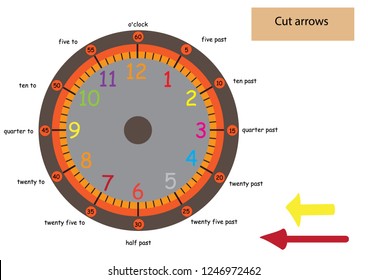 Colorful clock for learning time. Cut clock and arrows. Educational materials. Vector illustration.