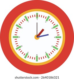 A colorful clock on a white background displays the time. The clock has a red border, a yellow ring, and green markers for the hours.