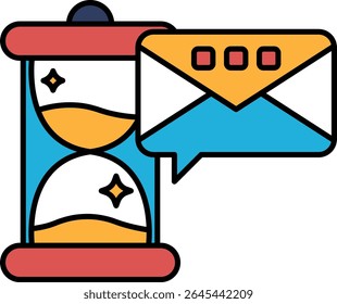 A colorful clock with a red and yellow face and a blue and yellow hour hand. The clock is placed next to a blue and yellow envelope, which could be a letter or a postcard. Concept of time passing