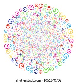 Colorful Clock sparkler cluster. Vector globula explosion designed with randomized clock items. Psychedelic Vector illustration.