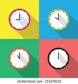 Colorful clocks icon with long shadow. Vector illustration eps10.
