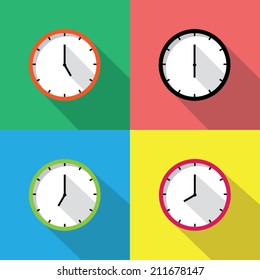 Colorful clocks icon with long shadow. Vector illustration eps10.