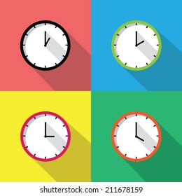 Colorful clocks icon with long shadow. Vector illustration eps10.