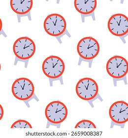 Colorful clocks in a repetitive pattern create a playful and modern design on a white background, showcasing their round shapes and distinct hands.