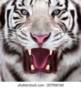 Colorful closeup portrait of a white bengal tiger with open chaps. Oil painting style. The biggest cat. Wild beauty of the most dangerous and mighty beast. Vector illustration.