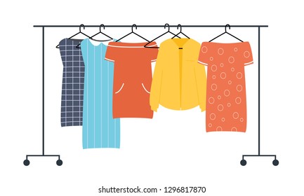 Colorful clothes hanging on the hanger. Women's clothing is stored on an open hanger. Vector illustration, isolate on white background.