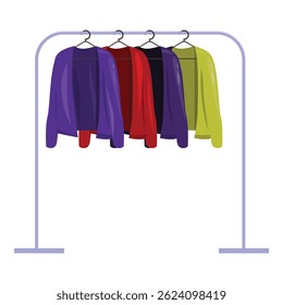 Colorful clothes are hanging on a rack in a clothing store, ready for shoppers to browse