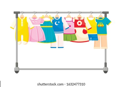 Colorful Clothes For Infant Babies, Newborn Children, Kids Hanging On Garment Rack Or Rail Isolated On White Background. Modern Apparel For Boys And Girls On Hangers. Cartoon Vector Illustration.