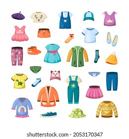 Colorful clothes for little ones set. Stylish baseball caps and shoes dresses for toddlers beautiful tshirts and sweaters colorful designs for joyful kids with cute modern style. Vector cartoon.