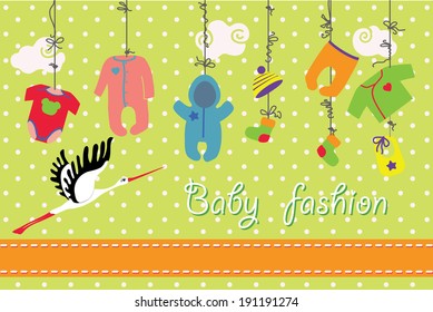 Colorful clothes for newborn baby boy and girl hanging on the rope on polka dot background. Design template, invitations,greeting card..Funny vector Illustration with stork.