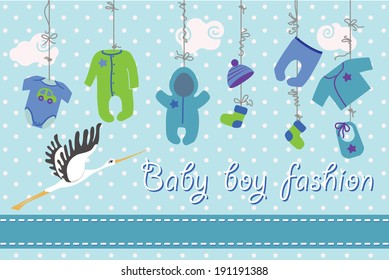 Colorful clothes for newborn baby-boy hanging on the rope on polka dot background. Design template, invitations,greeting card.Funny vector Illustration with stork.