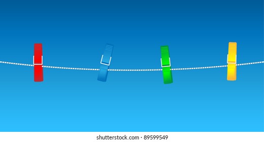 Colorful clothes-pegs on clothesline. Vector illustration.