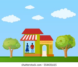 Colorful clothing store building front view on nature background, vector illustration