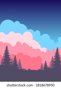 colorful cloud behind silhouette of pine trees landscape background. vector-illustration flat design. 