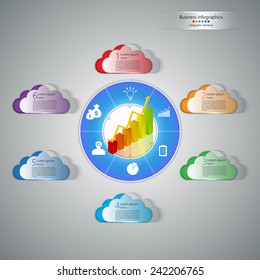 Colorful Cloud & Blue Circle Infographics with Graph/Chart Going Up, Business Icon, Number & Text Information Dialog, Modern Template Design, Vector Illustration.