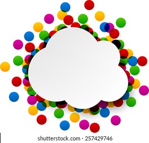 Colorful cloud celebration background with confetti. Vector Illustration. 