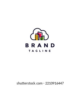 Farbiges Logo-Design der Cloud City. Einfache Übersicht über Wolken und farbige Stadtsymbole Logo-Design.