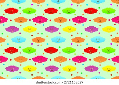 Colorful cloud seamless pattern.
Playful and cute cartoon clouds pattern. Fun cartoon clouds seamless pattern background. Cheerful clouds pattern background.