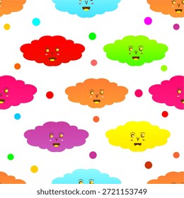 Colorful cloud seamless pattern.
Playful and cute cartoon clouds pattern. Fun cartoon clouds seamless pattern background. Cheerful clouds pattern background.