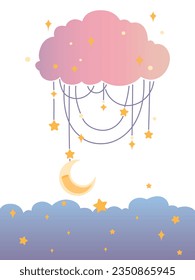 Colorful cloud vector for kids book illustration. Star and moon in clouds illustration for kid book, game, etc. Romantic, funny, cartoony, cute, for girls. Dream illustration in flat cartoon design.