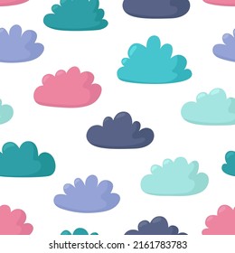 Colorful clouds background. Cartoon style cloud isolated, weather nature seamless pattern. Simple abstract vector texture for fabric, cards, wallpaper