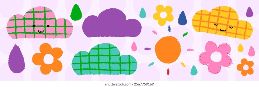 Colorful clouds and flowers with smiling faces. Bright clouds, cheerful flowers, and a sunny sun. Vibrant clouds and flowers with cute expressions. Cute element vector set.