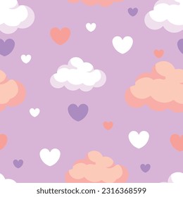 Colorful clouds and hearts on purple background. Pattern for des