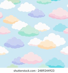 Colorful clouds on blue background in beautiful seamless pattern