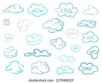 Colorful clouds on isolation background. Sketchy doodles on white. Hand drawn infographic elements. Colored illustration. Sketches for artworks