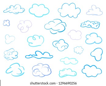 Colorful clouds on isolation background. Sketchy doodles on white. Hand drawn infographic elements. Colored illustration. Sketches for artworks