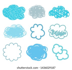 Colorful clouds on isolation background. Hatching doodles on white. Hand drawn infographic elements. Colored illustration. Sketches for artworks